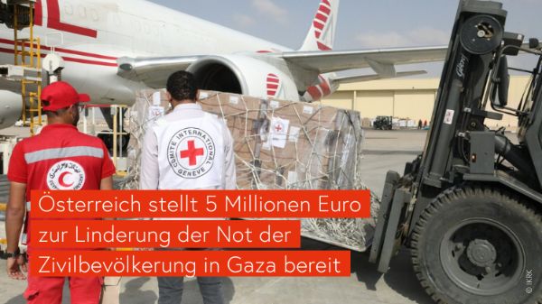 Transportpalette mit Hilfsgütern des IKRK wird in ein Flugzeug verladen