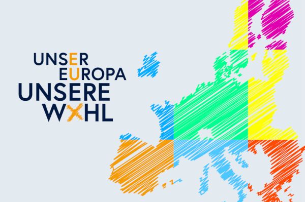 Sujet "Unser Europa. Unsere Wahl" - Schriftzug neben einer farbigen Kontur der EU-Staaten