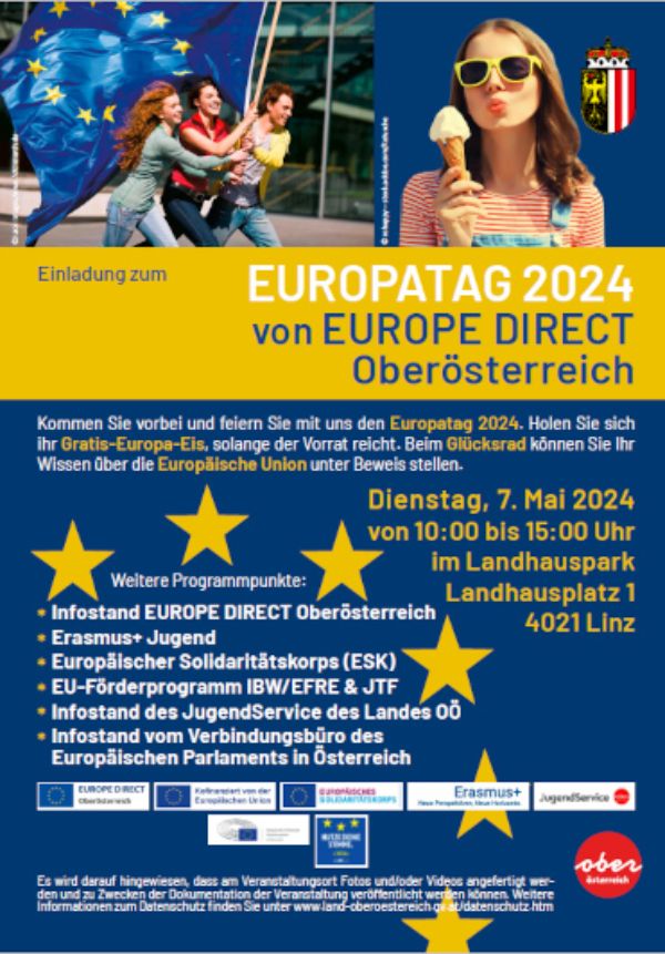 Einladung Europatag 2024 am Dienstag, 7. Mai 2024 von 10 bis 15 Uhr, im Landhauspark Linz