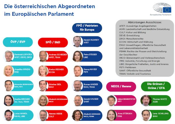 Eine Übersicht der österreichischen Abgeordneten im Europäischen Parlament sortiert nach den Fraktionen: Europäische Volkspartei, Progressive Allianz der Sozialdemokraten, Patrioten für Europa, Renew Europe und den Grünen/EFA