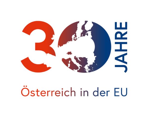 Logo 30 Jahre Österreich in der EU - das Logo ist durch die Farben rot und blau geprägt