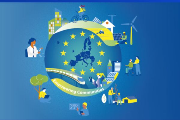 Grafische Darstellung: Eine Erdkugel, in der eine EU-Flagge zu sehen ist. Rund um die Erdkugel sind verschiedene Icons