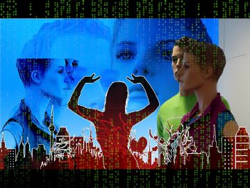 Schemenhafte Darstellung von jungen Menschen und einer City-Skyline, teilweise überlagert von einem dunklen Bildschirm voll mit grünen Nullen und Einsern.