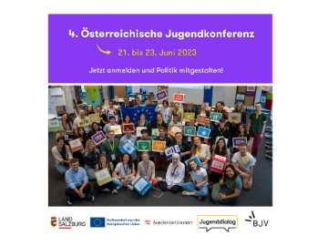 Bewerbungssujet der 4. Österreichischen Jugendkonferenz von 21. bis 23. Juni 2023 in Salzburg. Es zeigt ein Gruppenfoto der der vergangenen Konferenz